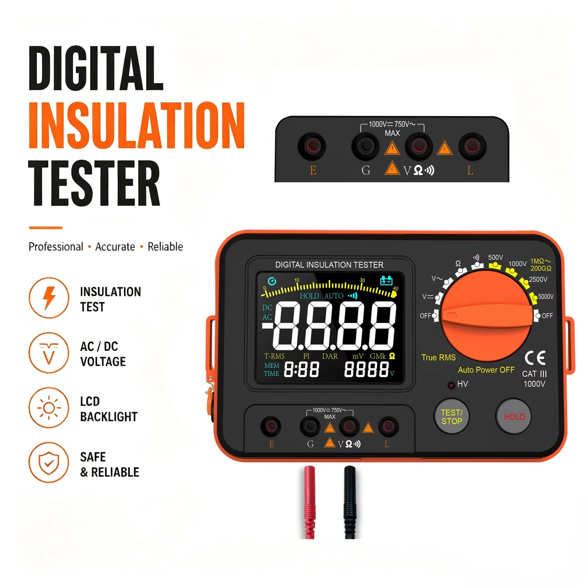 67 Series High-Voltage Insulation Tester (5000V/100GΩ) – Auto-Ranging, True RMS, Data Hold, Analog Bar Graph, CE Certified