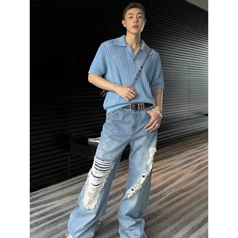 Summer New Fashion Men's Blue Solid Color Turn-down Collar Short Sleeve Hollowed Out Knitted T-shirts Male Casual Trendy Tops