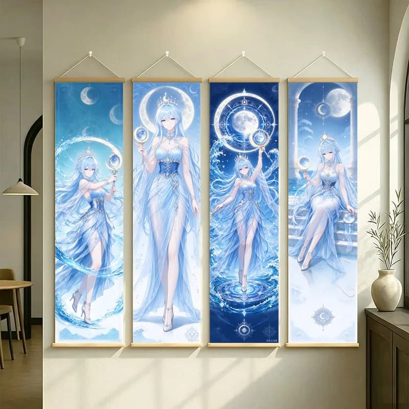 Hanging Scroll Wall Art of Genshin Impact Shuishen Meiyue with Blue Moon Motifs on Silver Shimmer Canvas for an Anime Bedroom