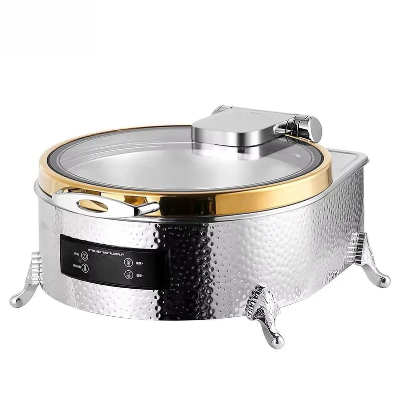 Deluxe Electric Smart Chafing Dish with Golden Edge Lid 304 Stainless Steel Remote Control Temperature Bain Marie Food Warmer