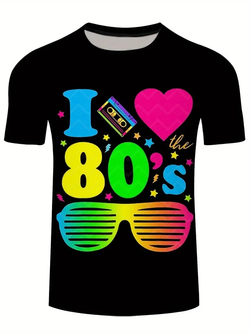 Vintage 80s pattern T-shirt for men summer 3D printed casual short-sleeve T-shirt hip-hop street Harajuku style