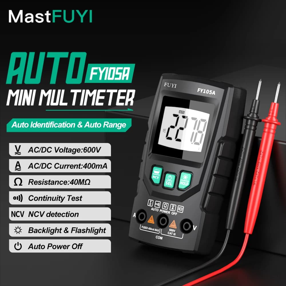 MASTFUYI Mini Smart Digtital Multimeter, 4000 Counts Voltmeter/Ohmmeter, Auto-Ranging Tester, Anti-Burn, High Precision, Compact