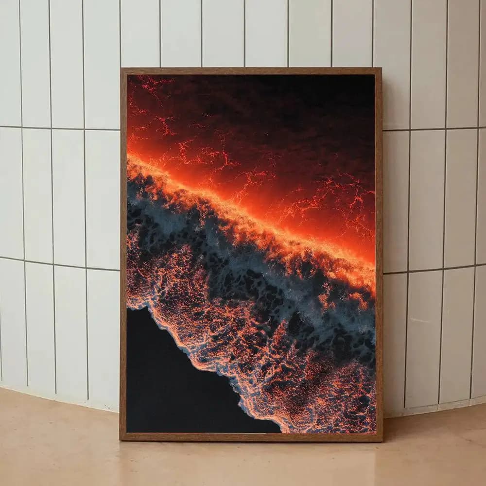 Surreal Red Glowing Ocean Wave Poster, Dark Black Sea Textured Crimson Surf Wall Print, Moody Surreal Seascape Graphic Art Decor