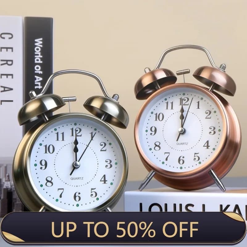 Nordic Metal Pointer Alarm Clock Big Ringtone Student Wake-up Alarm Watch Electroplating Shell Bedroom Bedside Decorative Clock