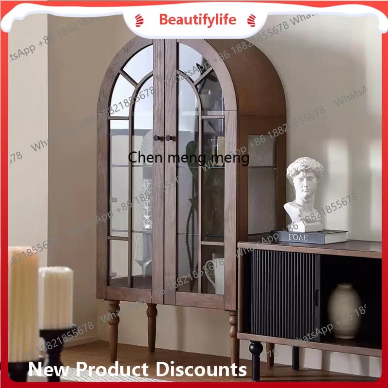 French medieval solid wood wine cabinet, walnut color living room, simple decoration, red wine storage cabinet   H