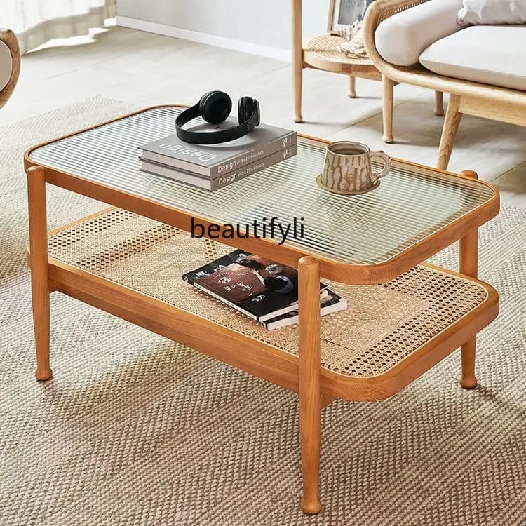 Wabi-Sabi Style Solid Wood Rattan Tea Table White Ash Double-Layer Tea Table for Home Living Room Glass Small Tea Table