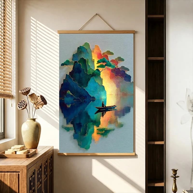 Wall Art Gold Line Mountains with Small Boat, Zen Minimalism Pearlescent Canvas Hanging Scroll with Wooden Rods for Tea Room