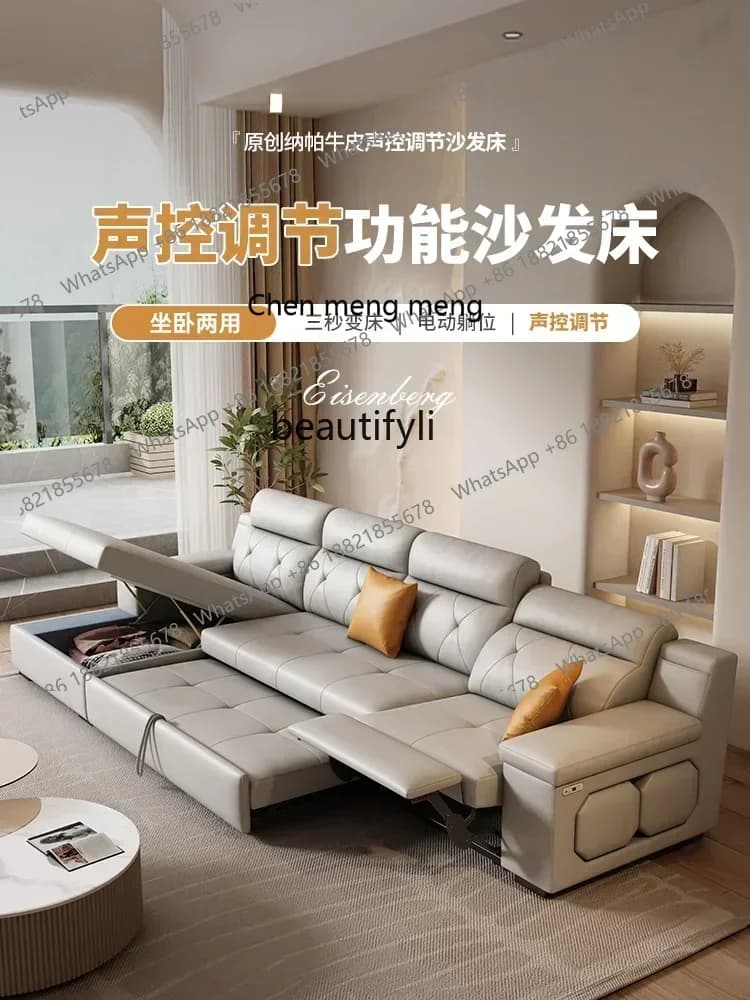 2003Multifunctional Electric Leather Sofa Living Room First Layer Cowhide Straight Row Sofa Bed Double-Use