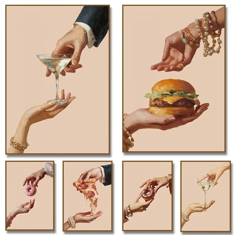 Retro Pop Artwork Hand The Last Slice Cocktail Burger Food Poster Canvas Painting Wall Art Pictures Home Kitchen Decor Prints