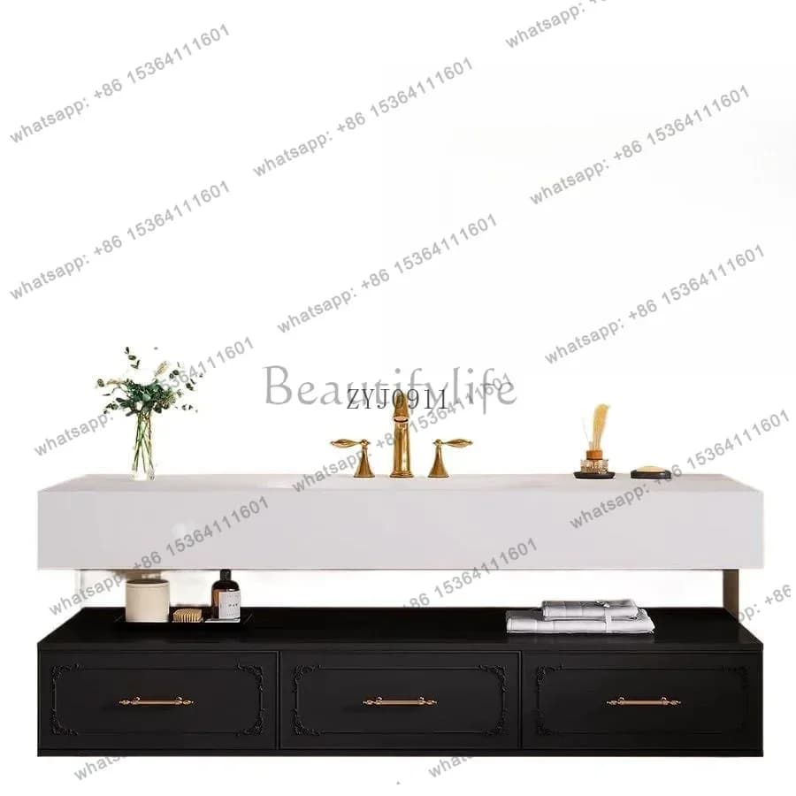 Slate seamless ceramic integrated basin French style rubber wood paint hanging bathroom cabinet