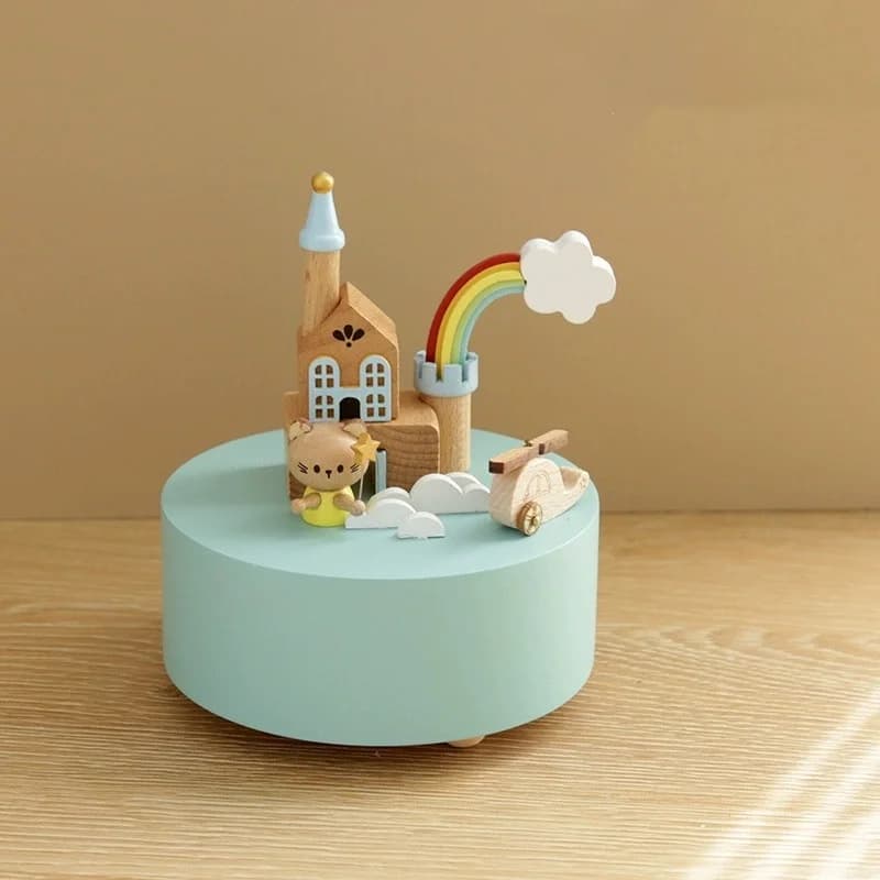 Charming wooden music box with castle rainbow cute bear design perfect for children's decoration gift
