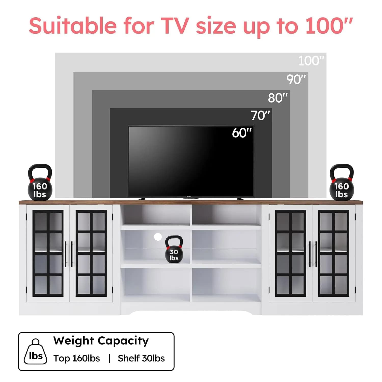 Farmhouse TV Stand for TVs up to 100", Modern Entertainment Center with 2 Cabinets and 3-Tier Open Shelves, Rustic TV Console