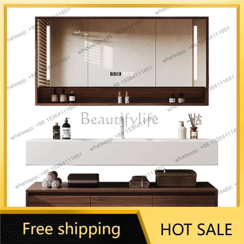 YJ Hotel Style Bathroom Vanity with Sintered Stone Integrated Sink Walnut Wood Cabinet Combo for Home & Hotel Luxury Furniture