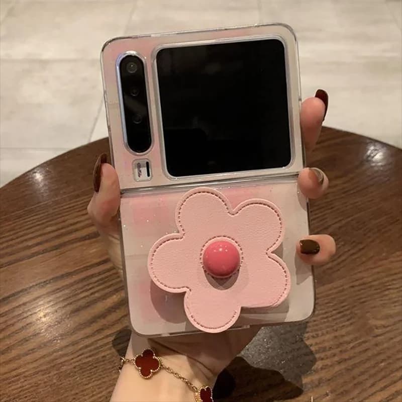Glitter Gradient Pink Flower Stand Case Samsung z flip 6 5 / Xiaomi mix flip/Razr50/OPPO N3 Flip Phone Cases Protetive Cover