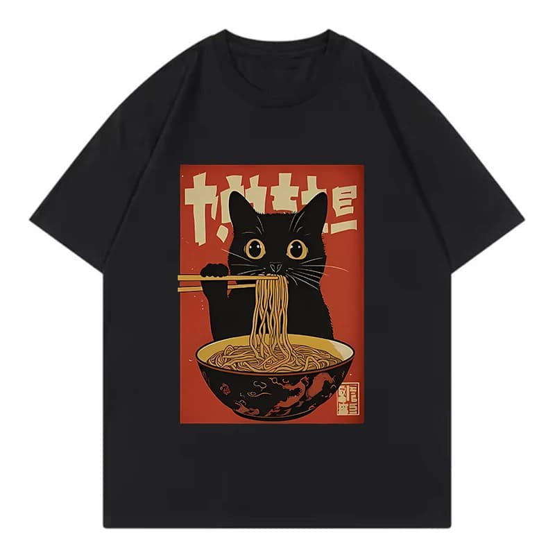 High Quality Japanese Style Cat Eat Ramen Short Sleeved T-shirt Men Women Tee Clothes Loose Casual Cartoon Oversized Top Y2K