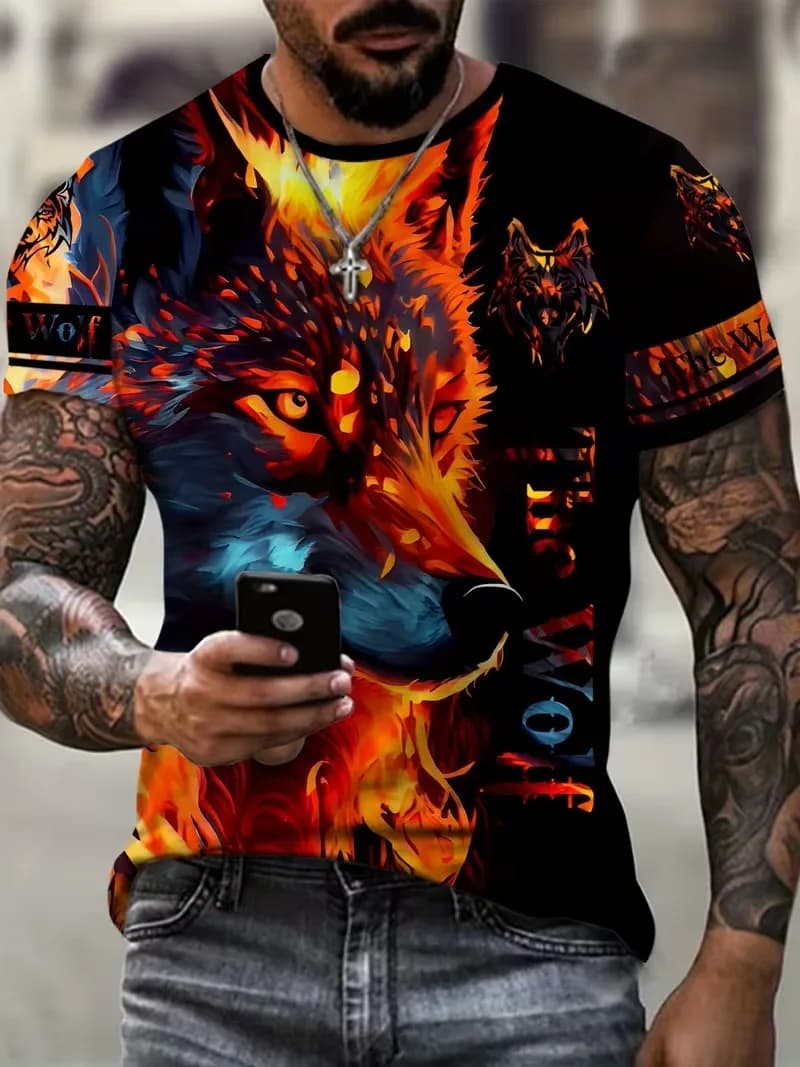 Fashion Wolf Men's T-Shirt Hip Hop Trend Harajuku Clothes 3d Animal Printed Tee Casual O-Neck Short Sleeve Summer Oversize Tops