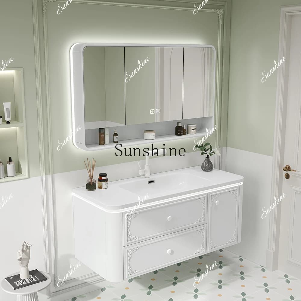 French pink paint carved ceramic integrated basin bathroom cabinet combined toilet washstand   FT