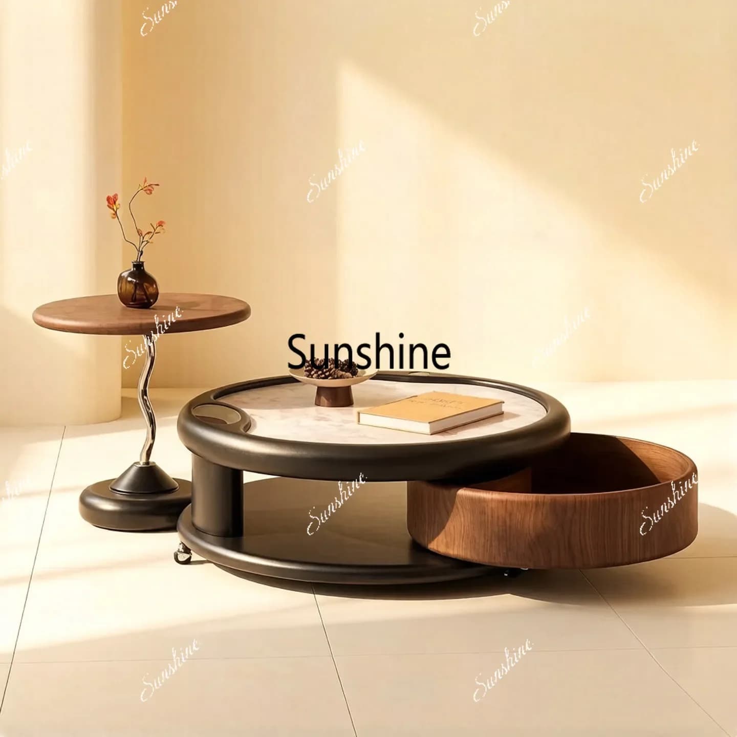 Rotating mobile coffee table Chinese ancient style Italian minimalist natural luxury stone round coffee tableTJ