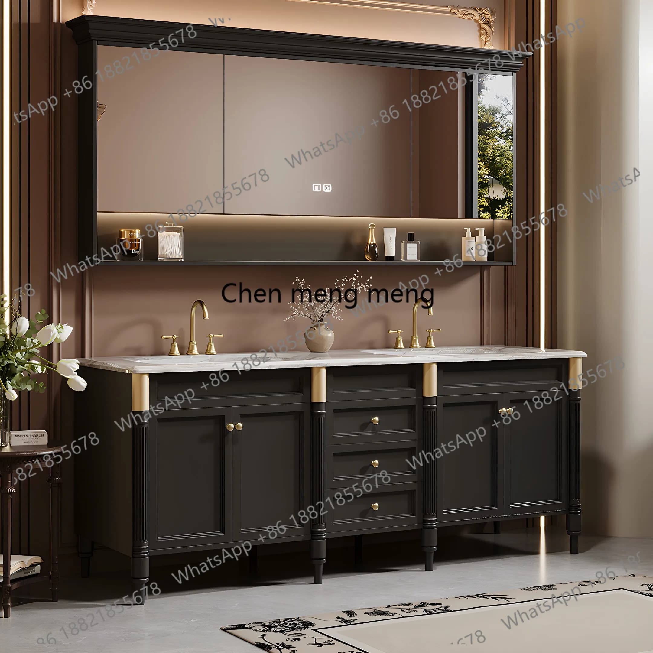 2026 new flow gold sand luxury stone ceramic double basin double faucet French retro style floor model