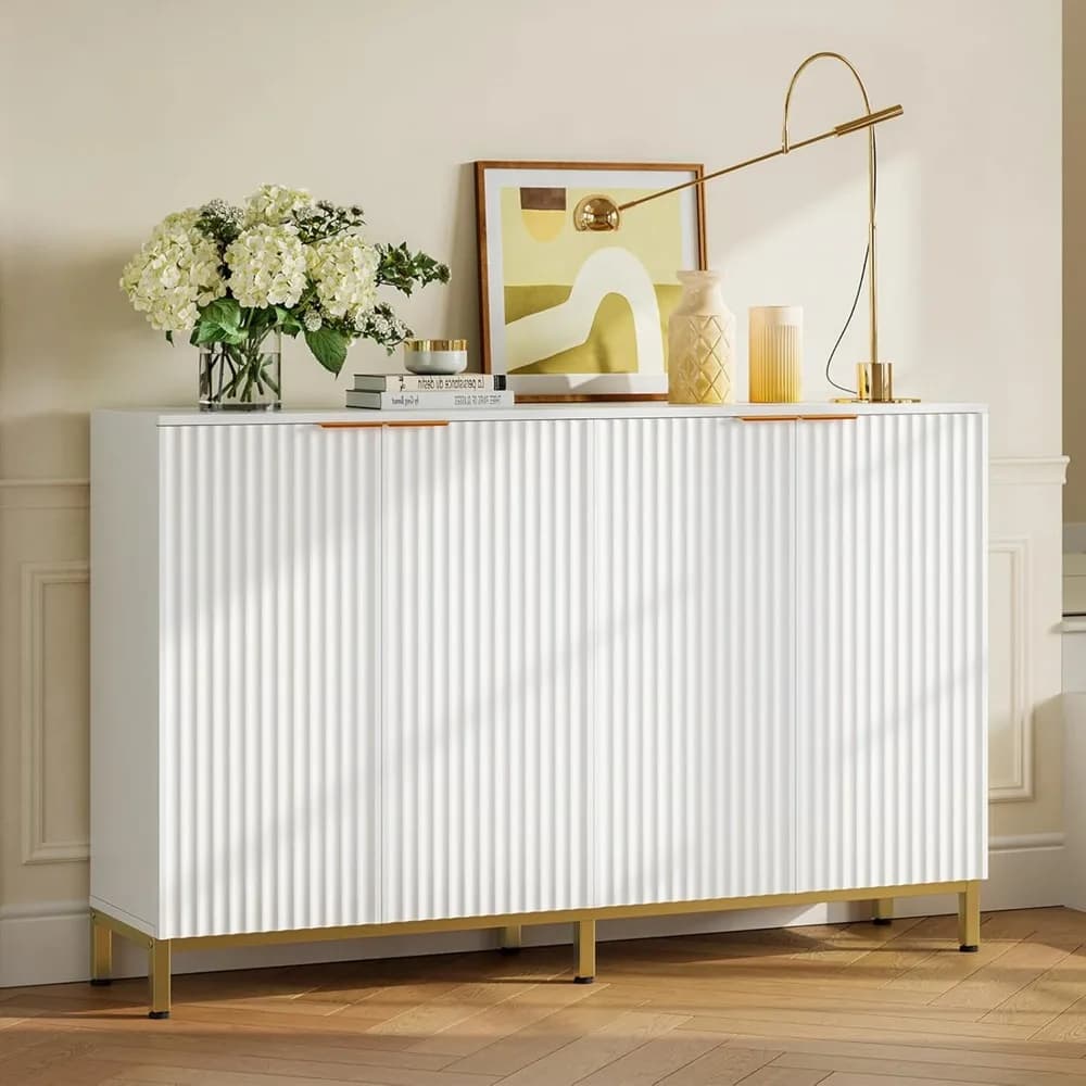 55 Inch Fluted Buffet Sideboard Cabinet with Power Outlet, Storage Cabinet with 4 Doors & Adjustable Shelves for Kitchen, Livin