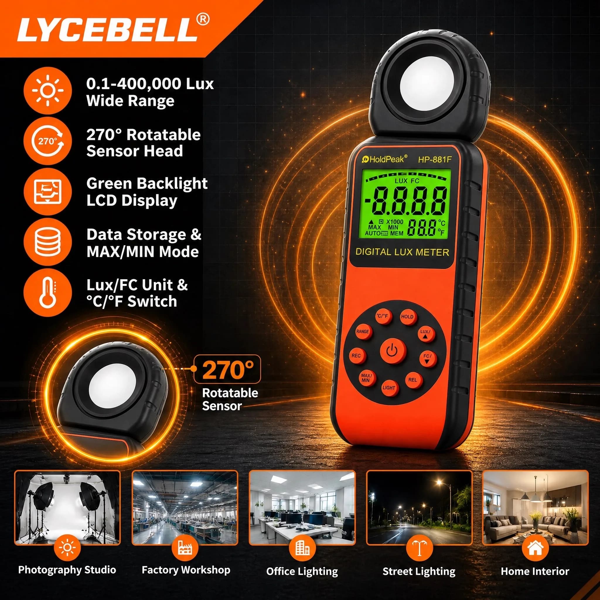 HoldPeak 881F Digital Lux Meter 0.1-400,000Lux Separate Light Sensor 33 Data Memory MAX/MIN Lux/Fc for Agriculture