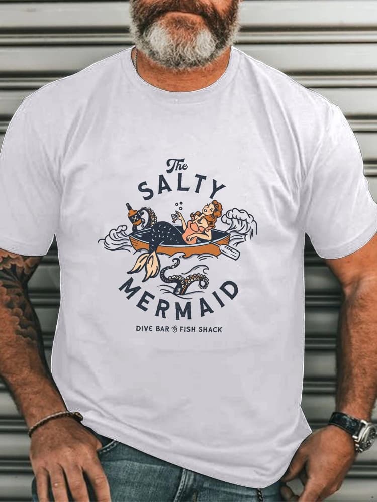 Salty Mermaid Printed Men's Short-Sleeved T-Shirt - Summer Tops - Relaxed Style -100% cotton .