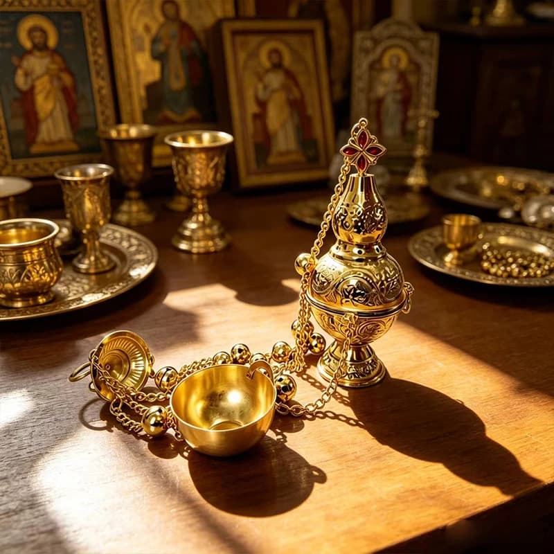 New 2026 Ornate Gold Tone Orthodox Censer Incense Burner with Chain for Church Altar Prayer and Religious Ritual Ceremonies