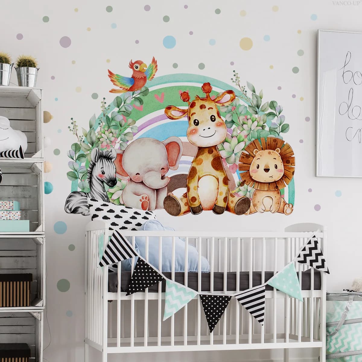 Rainbow Animal Safari Wall Decals - Cartoon Giraffe, Zebra & Lion Stickers for Vibrant Home & Shop Decor"