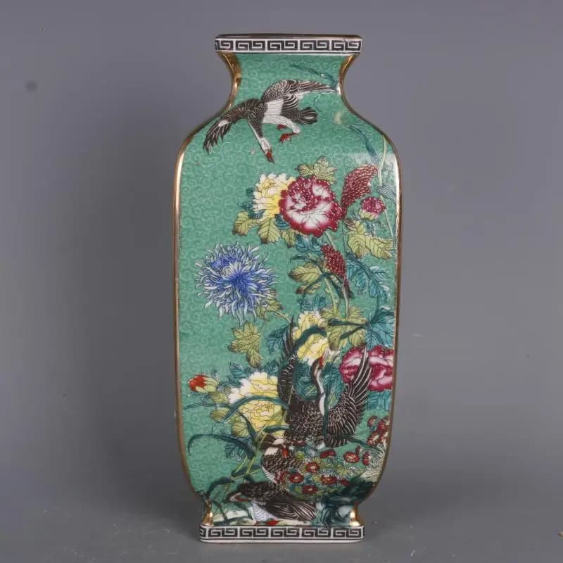 Chinese Qing Qianlong Green Enamel Porcelain Flowers Birds Design Vase 9.92 inch
