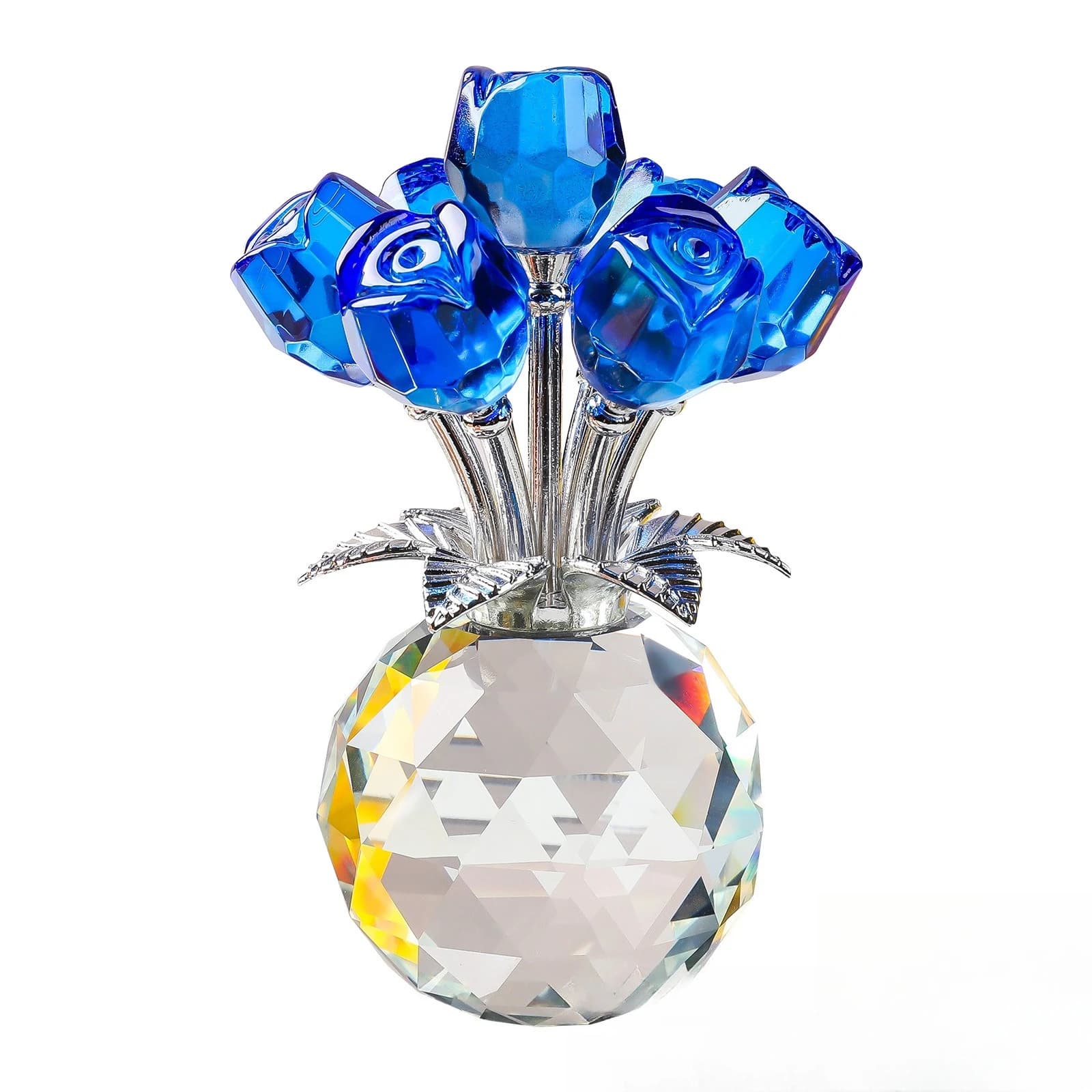 Handmade Crystal Rose Flower Figurine with Round Vase, Romantic Rose Gifts for Women on Anniversary Birthday, Weddind,Home Decor
