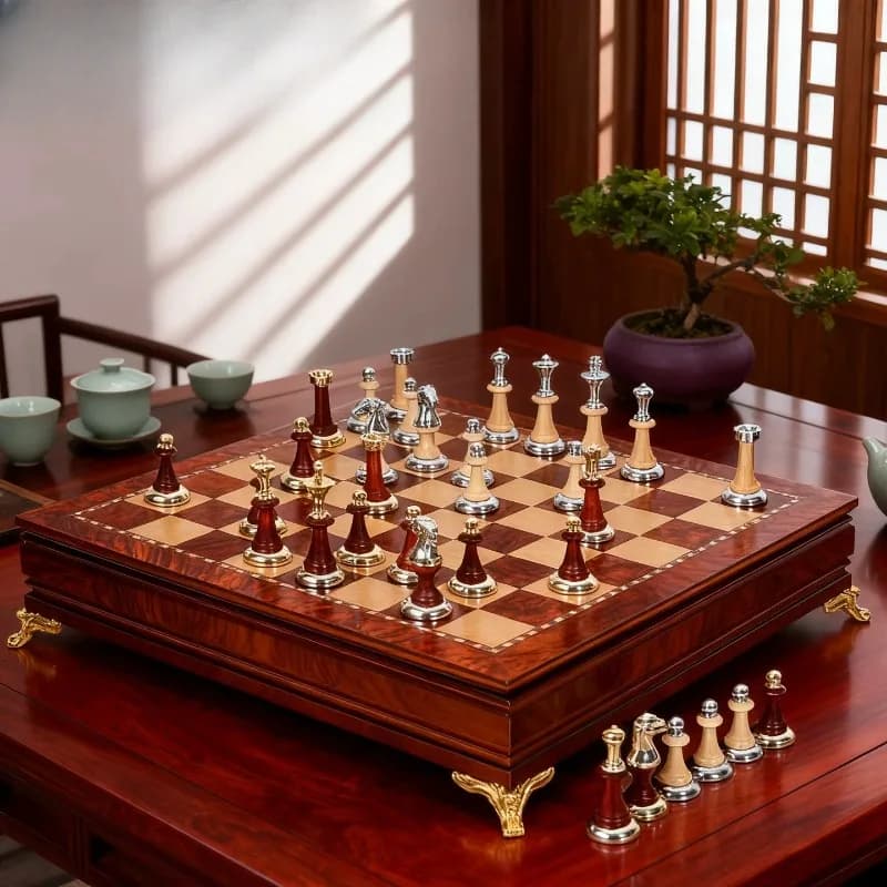 Solid wood chess metal inlaid solid wood chess pieces European high-end collection ornament decoration gift game chess