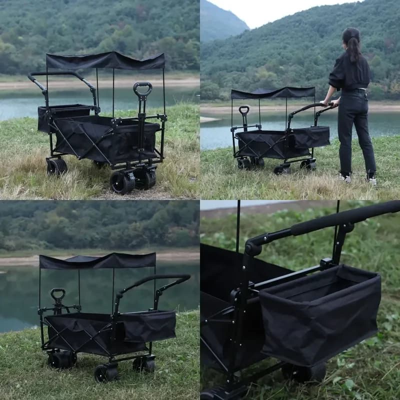 Outdoor Camping & Picnic Foldable Trolley with Sunshade Hand-Push Trailer