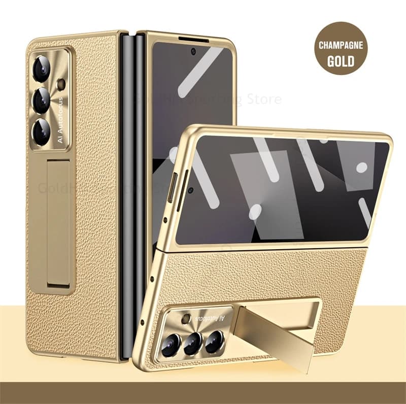 PU Leather Invisible Bracket Phone Kickstand Case for Samsung Galaxy Z Fold7 6 5 4 5G Funda Screen Protect Film Shockproof Cover