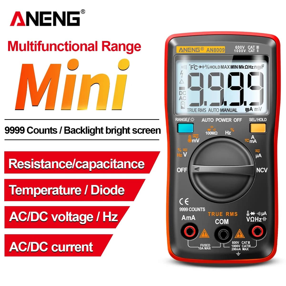 Mini Digital Multimeter ANENG AN8009 True RMS Transistor Tester Auto-Range Automotive Capacitor Tester Temp Diode Tool