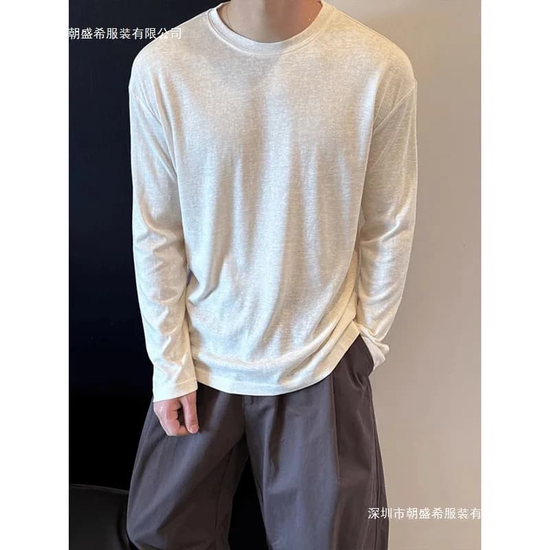 2026 Men White Ice Silk Linen Blend Long Sleeve T Shirt Summer Thin Loose Lazy Sun Protection Up Lightweight Breathable Cool Top