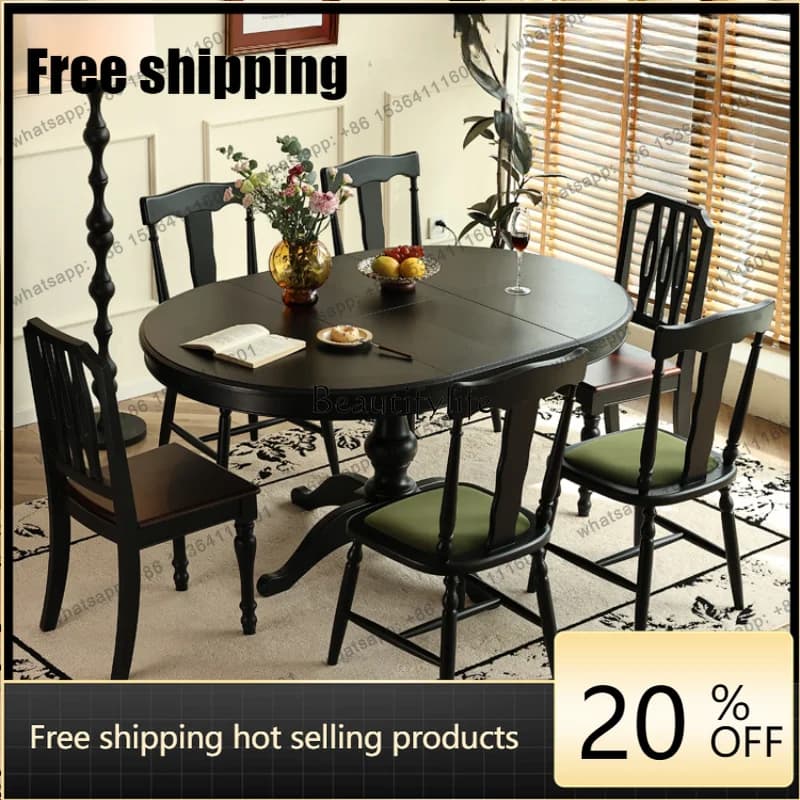 HJ  European Black Dining Table Round Unique Nordic Extendable Kitchen Tables Restaurant Foldable Luxury Mesa Comedor Home Furni