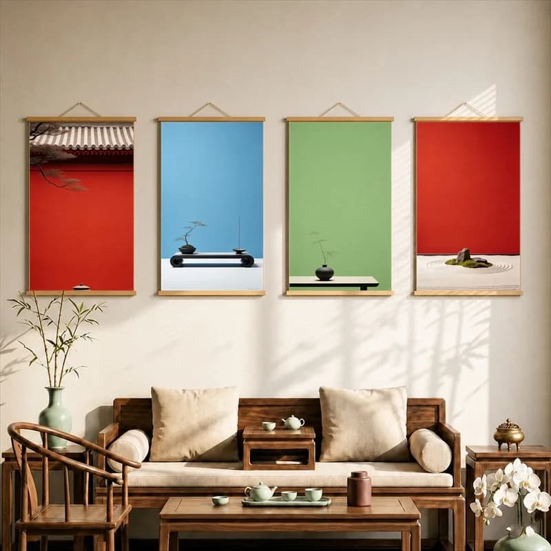 Minimalist Zen Landscape Canvas Wall Art Hanging Scroll Quiet Japanese Style Print with Wooden Rods for Living Room