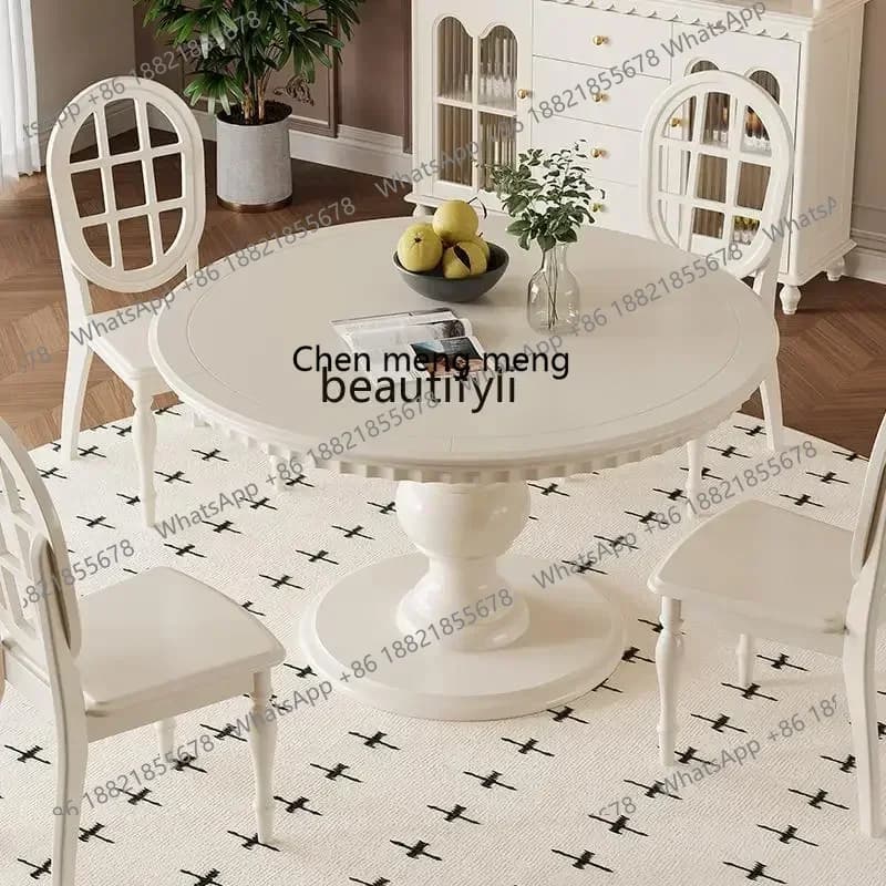 ss7486 White restaurant dining table pure solid wood cream style French retro home furniture New Light Luxury