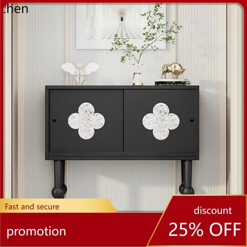 CZ Ultra-Narrow French Retro Black Hallway End Cabinet Aisle Vintage Style Four-Leaf Clover Decorative Cabinet Entryway Cabinet