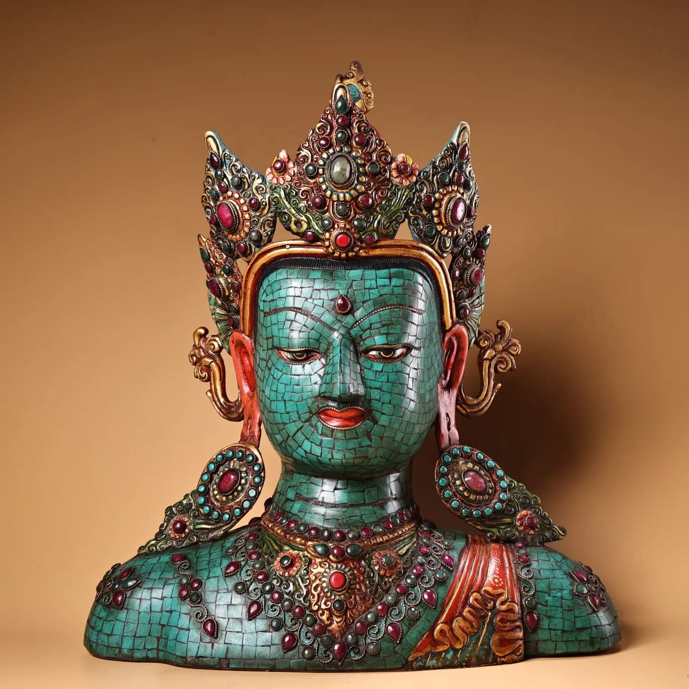 17"Tibetan Temple Collection Old Bronze Outline in gold Mosaic Gem Turquoise Green Tara Half Body Buddha Head Worship Hall