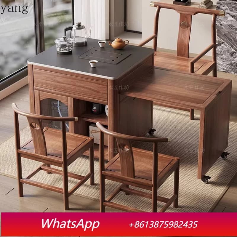 LMM balcony telescopic tea table and chair combination small apartment household walnut tea table