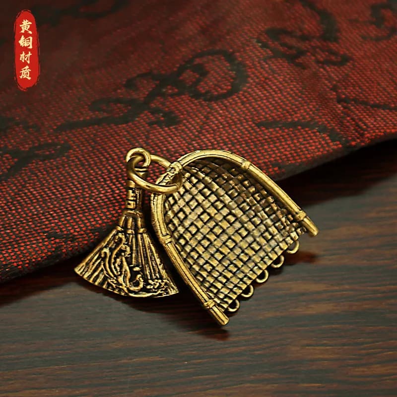 Brass broom , dragon and phoenix , car keychain, dustpan pendant, copper accessories, decorative item