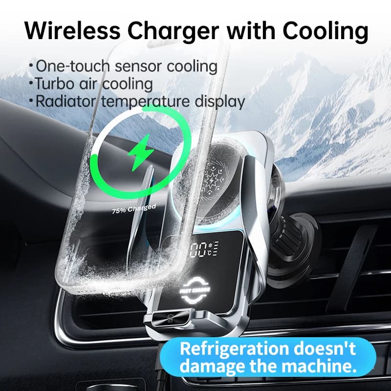 15W Wireless Charger ar Phone Holder With Built-in Car Cooling Touch Rotate Bracket Universal Phone Mount