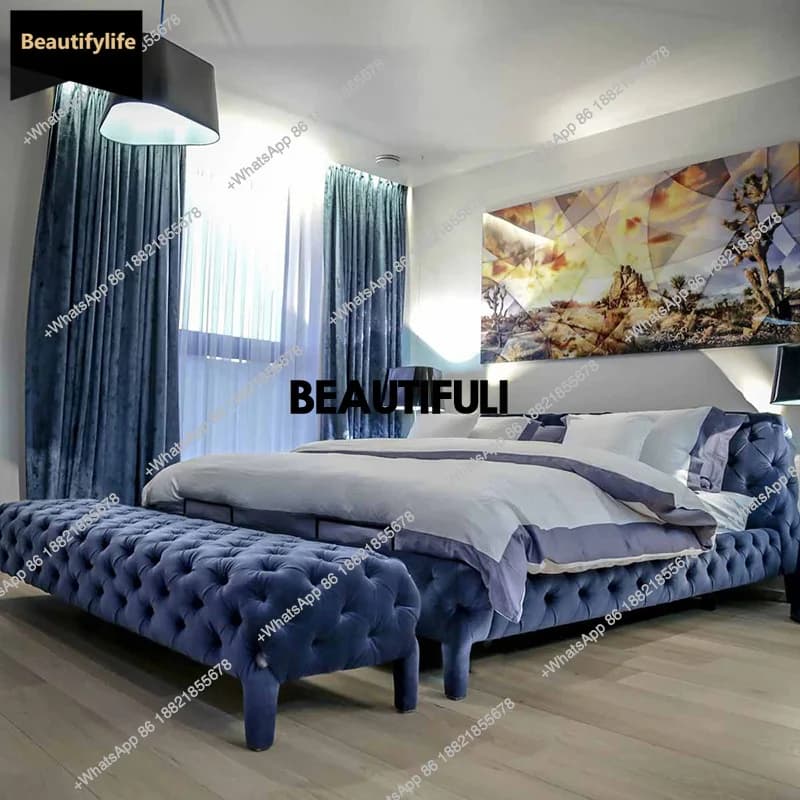 D80 Fabric Frame Double Bed Modern Frame Queen Design King Size Double Bed Luxury Space Saving Lit 2 Personnes Furniture For Bed