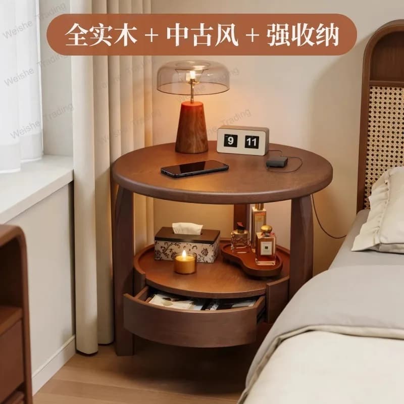 Solid wood bedside table home bedroom with hidden drawer sideboard round multi-purpose shelf bedside