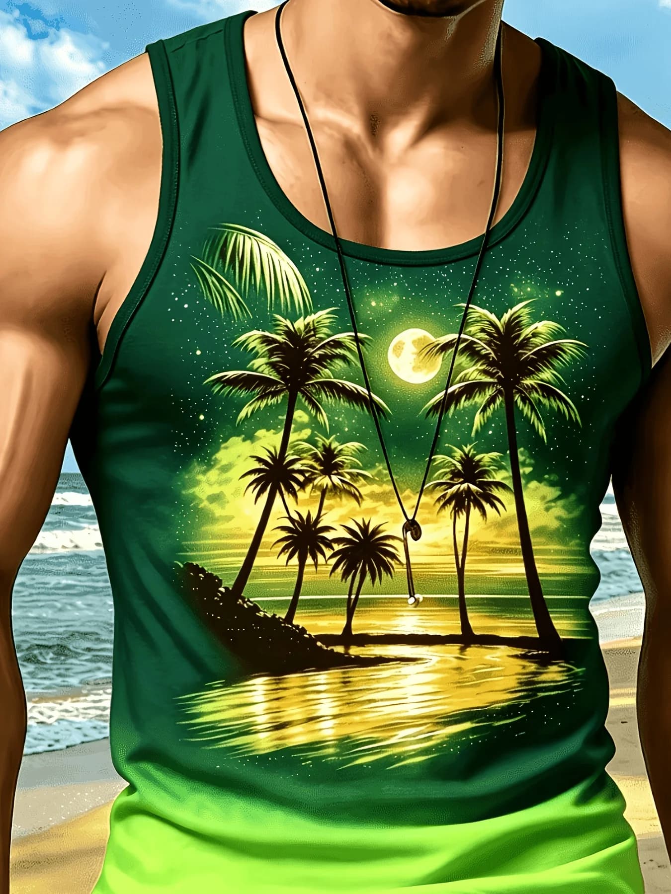 Men's Tropical Palm Tree Moon Beach Graphic Tank Top, Gradient Sleeveless Muscle Vest Summer Casual Holiday Workout Tank Shirt