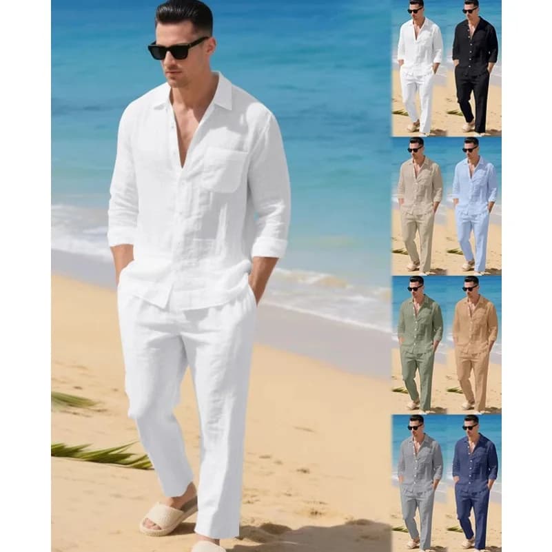 2pcs Set Men's Cotton Linen Shirt and Pants Suits for Men Beach Wear Tracksuit Solid Color Shirts Sweatpants