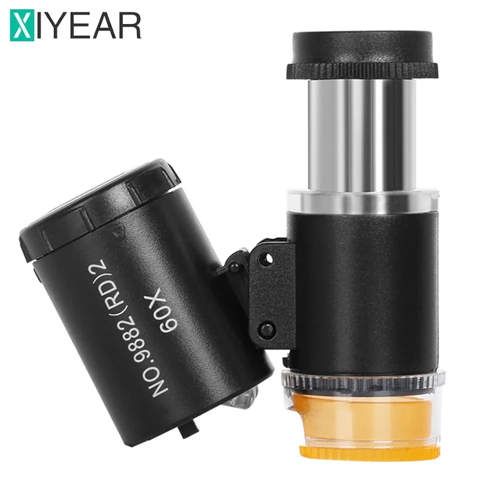 60X Mini Pocket Microscope Jewelers Eye Loupe With 3 Light Magnifying Glass For Handcrafts Jewelry Diamond Gem Coins Currency
