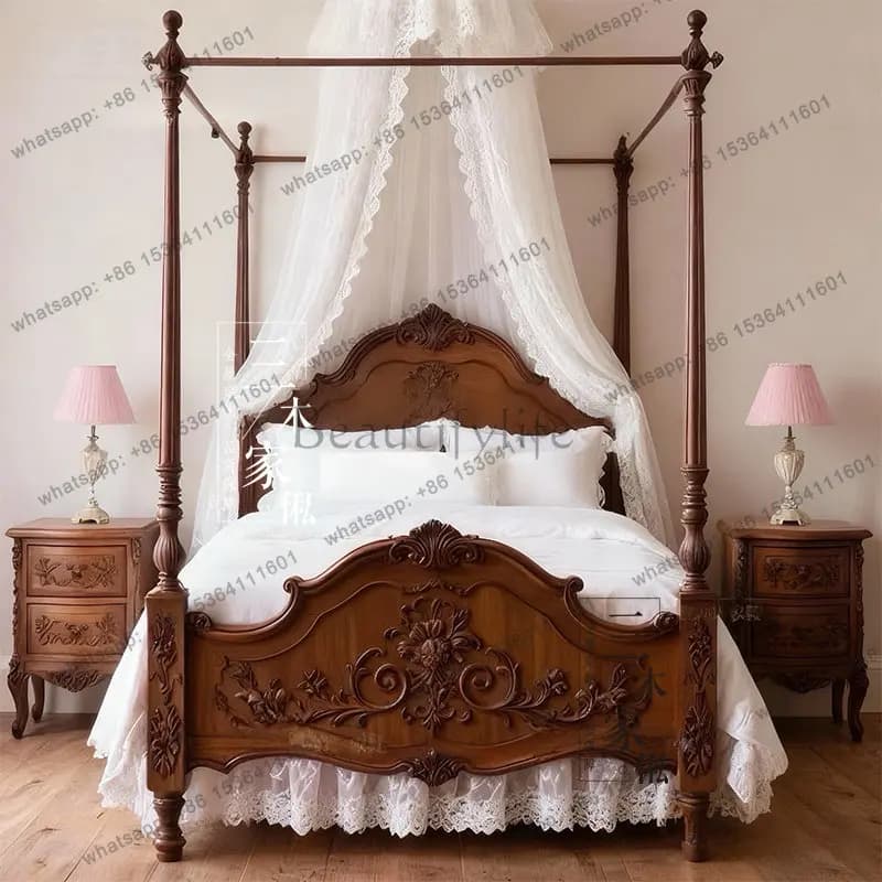 European retro solid wood four-poster bed double carved bed French factory direct sales can be customized