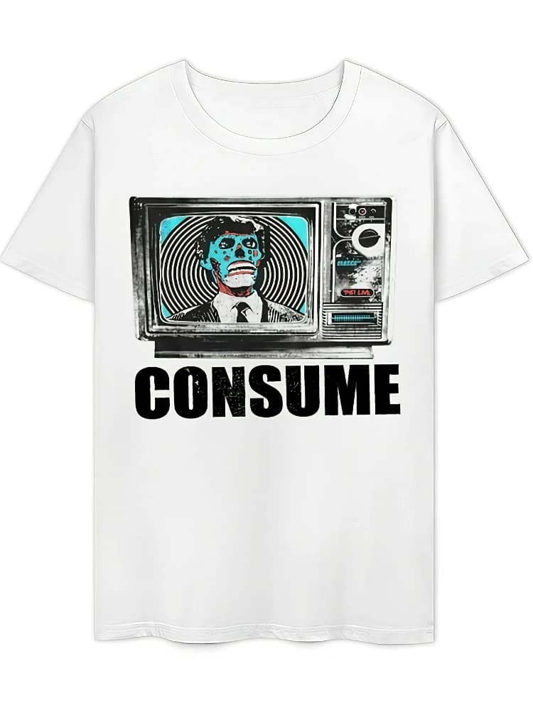 They Live Consume TV Vintage Graphic-Retro Skull&TV Design-100%cotton casual round neck short sleeve printed men's T-shirt.